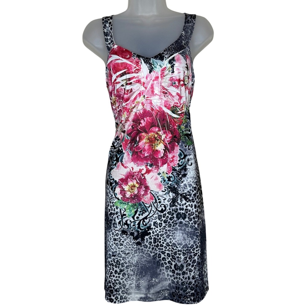 Kiara Floral Print Dress Gray Leopard Print Bodycon Sleeveless S Fairycore Y2K